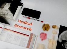 Medical research materials including anatomy models, textbooks, and X-ray images