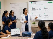 Nursing education session on sleep apnea screening led by a senior nurse educator in a modern hospital training room.