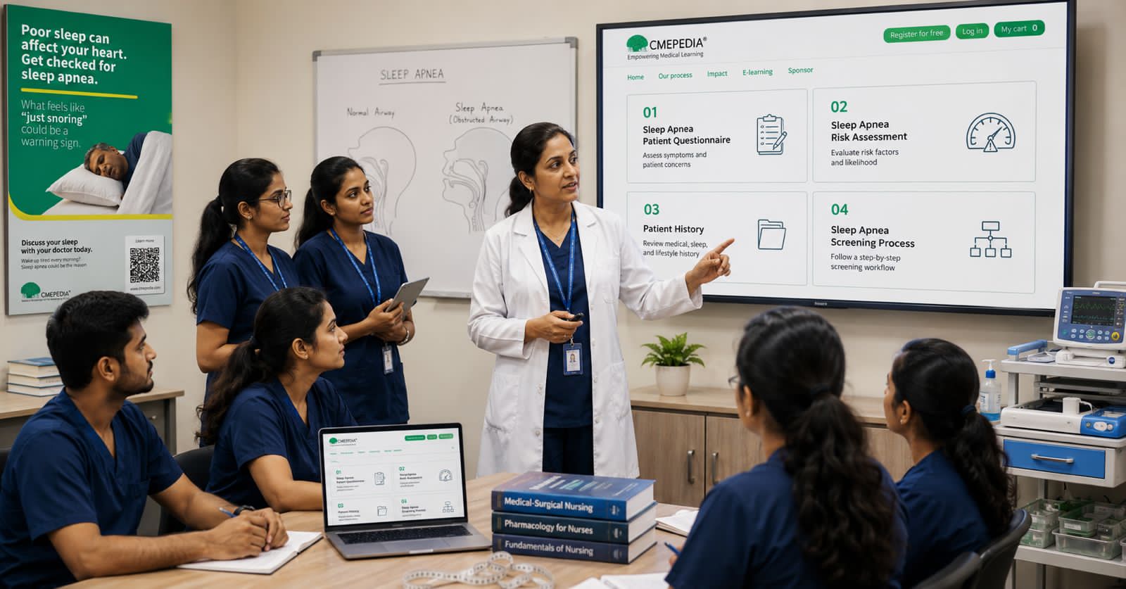 Nursing education session on sleep apnea screening led by a senior nurse educator in a modern hospital training room.