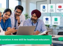 Healthcare professionals reviewing a laptop beside a diagram showing digital curation of research, guidelines, videos, and courses.