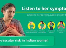 Cardiovascular risk in Indian women illustrated by a woman holding her chest alongside common heart attack symptoms.